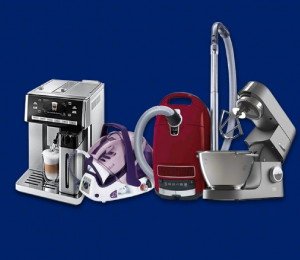 A variety of kitchen appliances are shown on a blue background, highlighting the need for Appliance Repair.