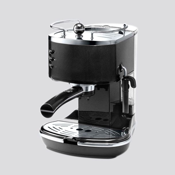 A black coffee machine on a white background that offers services.