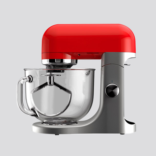 A red and silver mixer on a white background for kitchen services.