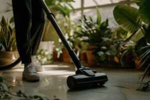 A person learning how to vacuum the floor surrounded by indoor plants while identifying vacuum cleaner faults to repair.